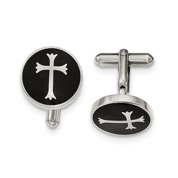 Men's Stainless Steel Black Enamel 18mm Fleur de Lis Cross Cuff Links